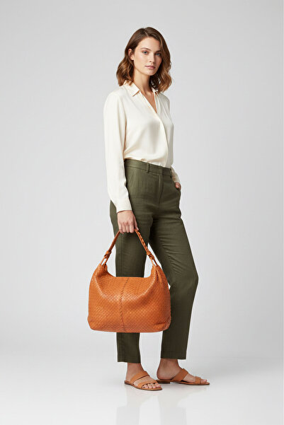 Deriderim Tuscany Orange Knitted Genuine Leather Shoulder Bag