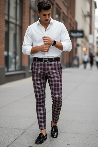 dehaine Men's casual pants, plaid, slim fit, burgundy, B1626