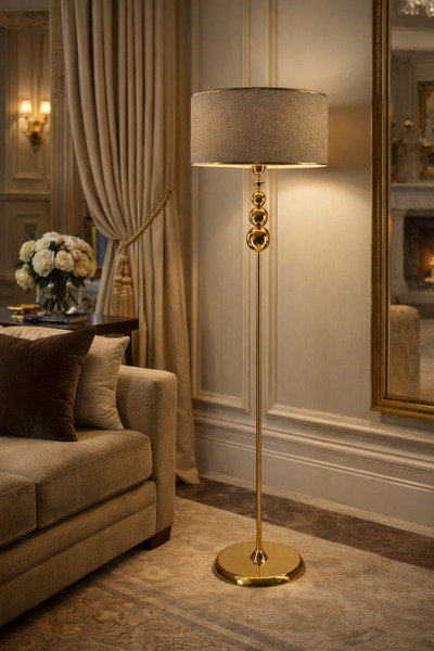 Lampada Milano Küre Gold Kaplama Metal Lambader - Gold Şeritli Hasır