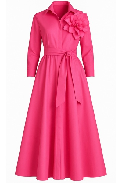 UNTIMELY  Cut Drape Floral Detailed Light Fuchsia Taffeta Midi Shirt Dress