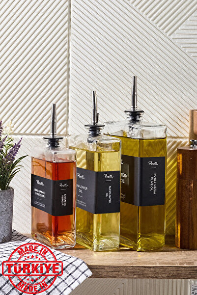 Kitchen Life طقم خل زيت فضي مربع بثلاثة أحجام - زجاجة زيت زيتون سائل ووعاء صل...