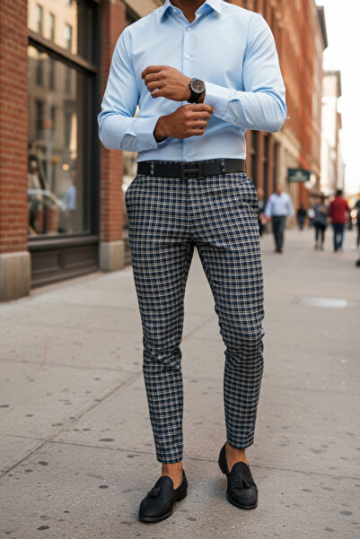 dehaine Men's casual pants, plaid, slim fit, Navy blue, B1739