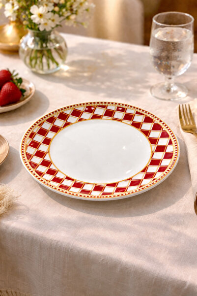 Porcelland Nara 21 cm Tatlı Tabağı | Kırmızı-Beyaz Desenli Porselen