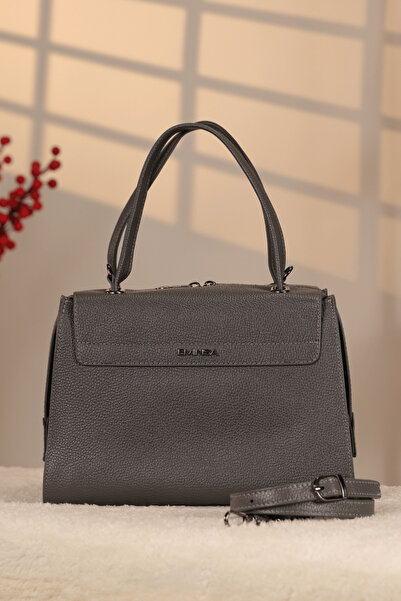 Aksesuarlia حقيبة يد وكتف من الجلد الطبيعي باللون الرمادي، مع حزام للكتف، للا...