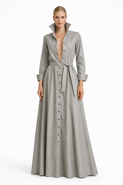 UNTIMELY Önden Düğmeli Açık Gri Tok Tafta Maxi Şık Gömlek Elbise