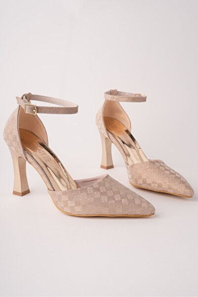 RoseVeno Women's Gold Glitter Patterned Ankle Strap Closed Back Heeled Shoes