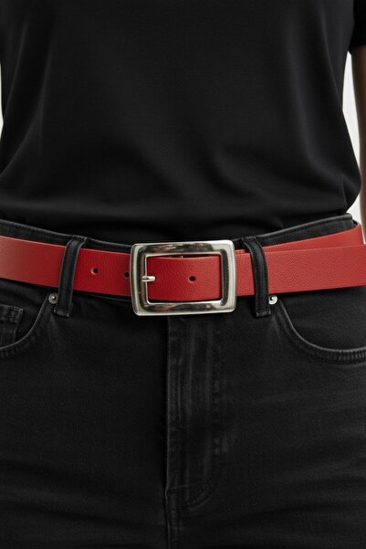 Kemerix Women's Red Silver Buckle Belt