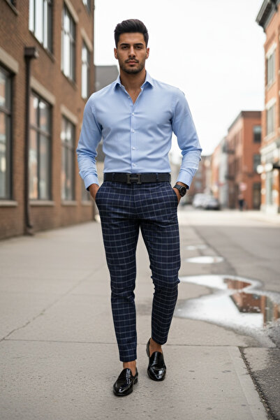 dehaine Men's casual pants, plaid, slim fit, Navy blue, B1732