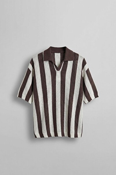 ablukaonline Ανδρικό πλεκτό μπλουζάκι με γιακά μισό φερμουάρ, υπερμεγέθη, καφέ