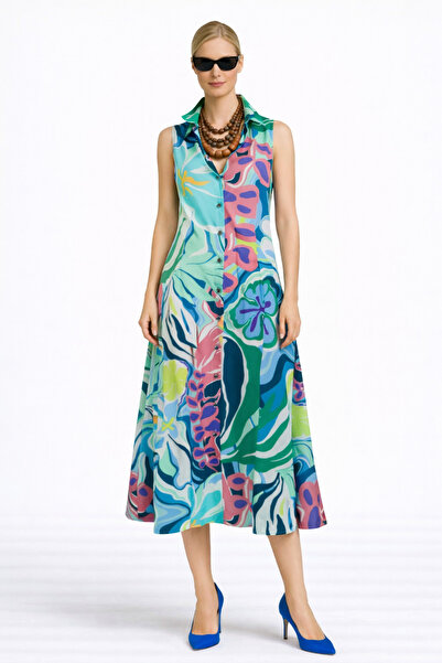 MERT ERKAN Hawaiian Print & Side Slit Midi Satin Shirt Dress (Size 40)