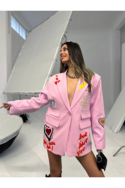 Quzu Κέντημα Λεπτομερές Σχέδιο Σακάκι Μπλέιζερ Ροζ