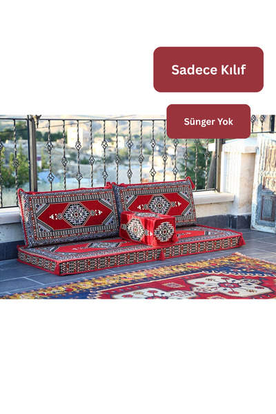 BAKIRÖZÜ HOME Şark Köşesi Takımı | 4 Parça Saraylı Kırmızı Boş Kılıf ( Sünger...