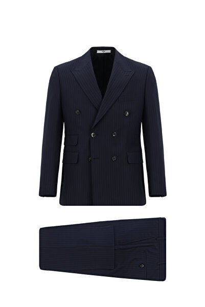 Kiğılı 7 Drop Slim Fit Dar Kesim Çizgili Yünlü Kruvaze Takım Elbise