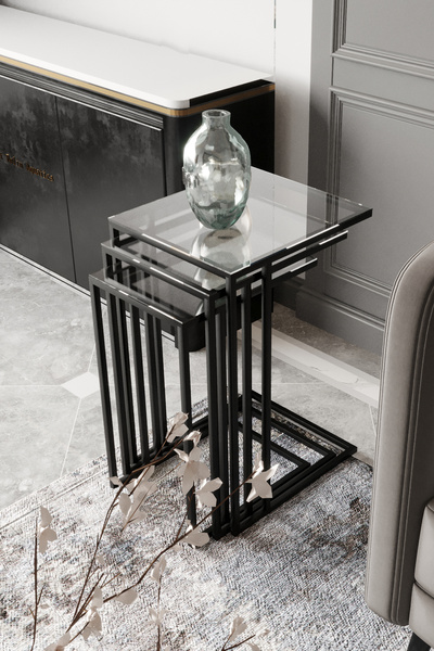 Dekoport Mira Zigon Sehpa Yan Sehpa Siyah Metal Temperli Şeffaf Cam