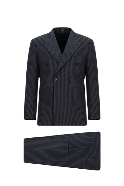 Abdullah Kiğılı 7 Drop Slim Fit Dar Kesim Yünlü Çizgili Kruvaze Takım Elbise