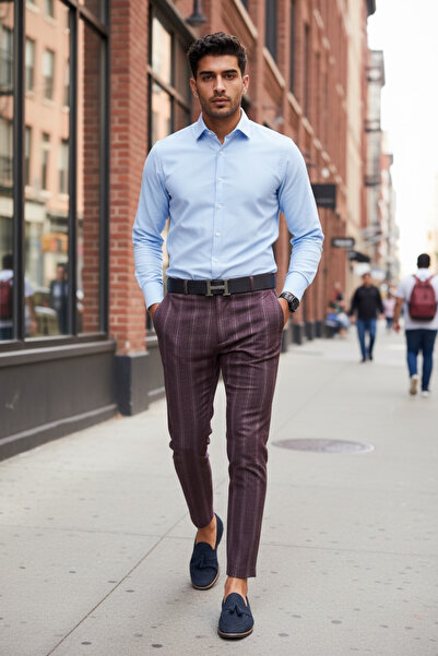 dehaine Men's casual pants, striped, slim fit, Burgundy, B1801