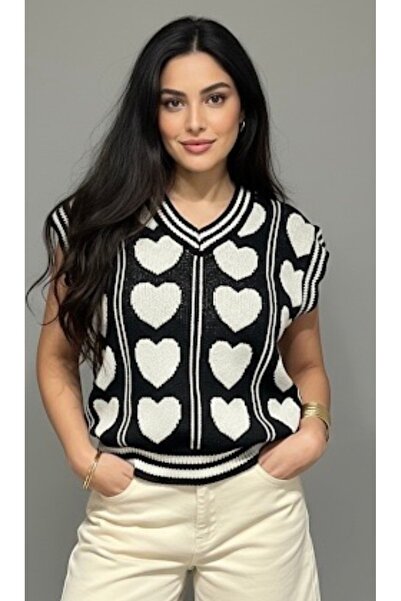 Be Best Women's Black-White Heart Patterned V-Neck Sweater Be362