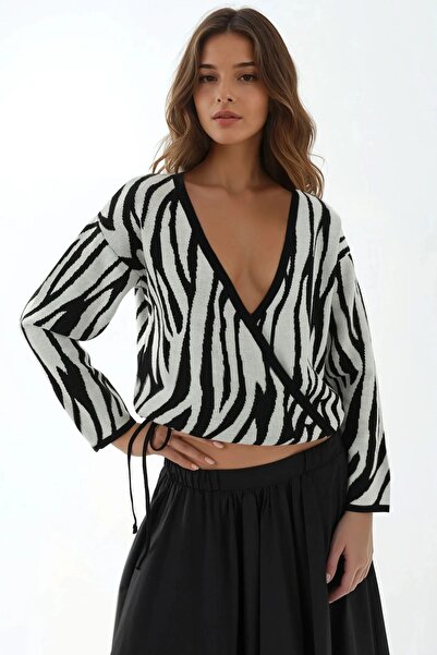 Hiccup Zebra Desenli V Yaka Kazak