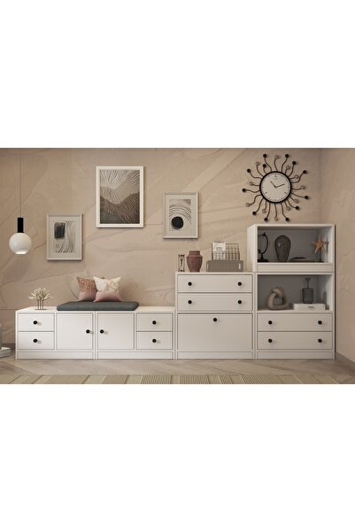 Nettrends Raflı Askılıklı Puflu Çekmeceli Beyaz Vestiyer Çıtasızı 259 Cm Vst-...