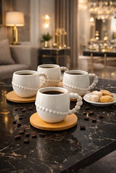 YzHome 6 Kişilik 12 Parça Bambu Tabaklı Beyaz Porselen Kahve Fincan Takımı Se...