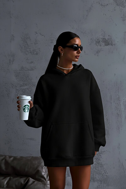 GUARAZ Μαύρο Unisex Oversize φούτερ με κουκούλα Fleece