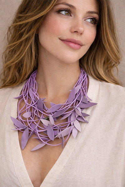 Kutcha Accessories Mor Bohem Doğal Yaprak Desenli Tasarım Kolye - El Yapımı M...