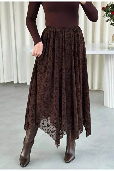 bm bessomoda fashion boutique Asimetrik Kesim Flok Baskılı Dantel Etek