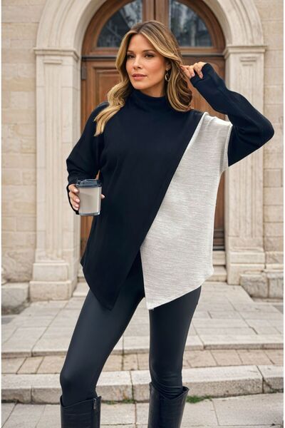 Pasaklı Giyim Kadın Siyah Bej Iki Katlı Asimetrik Akrilik Uzun Kollu Balıkçı ...