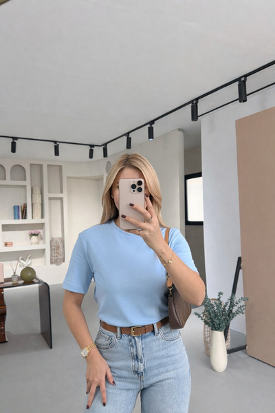 Sezgi Tekin Premium Series Crew Neck Cotton Baby Blue Basic Tshirt