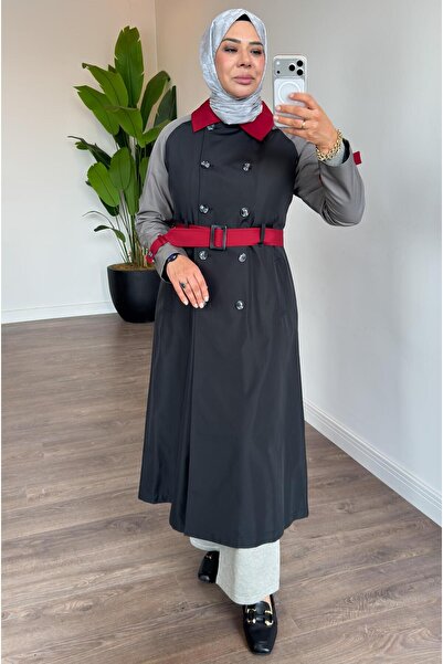 Doque Renk Bloklu İçi Kürklü Kemerli Trençkot Ceket - Siyah