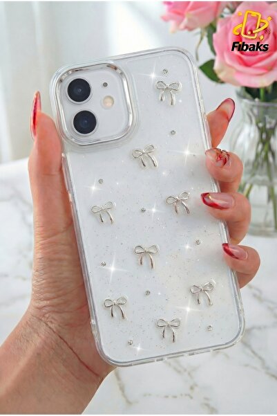 Fibaks iPhone 11 Kılıf Fiyonk Desenli Şeffaf Simli Gümüş Kamera Çıkıntılı Par...