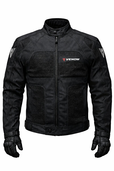 VENOM Dynamic Siyah 4 Mevsim Fileli Motorcu Montu | CE Korumalı (1 Beden Büyü...