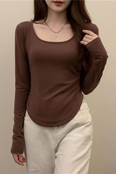 Köstebek Kahverengi Basic Uzun Kollu Crop