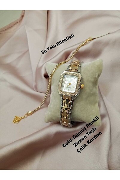 Brality ساعة يد نسائية بتصميم عتيق مع حجر الزركون - لون ذهبي وفضي / سلسلة كار...