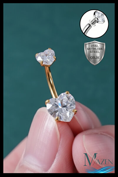 MAZEN Kalp Zirkon Taşlı Göbek Piercing | 316L Çelik | Gold Bar | Kararmaz Ant...
