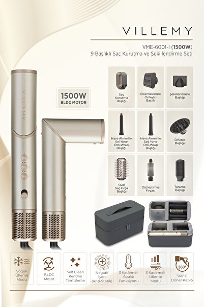 VILLEMY مجموعة مجفف الشعر وتصفيفه متعددة الرؤوس 9 في 1 - محرك BLDC بقوة 1500 ...