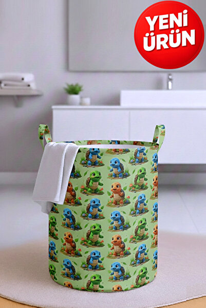 Paris Home Kaplumbağa Baskılı Katlanır Kirli Çamaşır ve Çocuk Oyuncak Sepeti ...