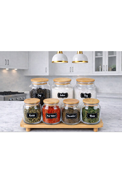 Kitchen Pembelia Ahşap Standlı 7’li Bambu Kapaklı Cam Baharatlık Ve Çay Şeker...