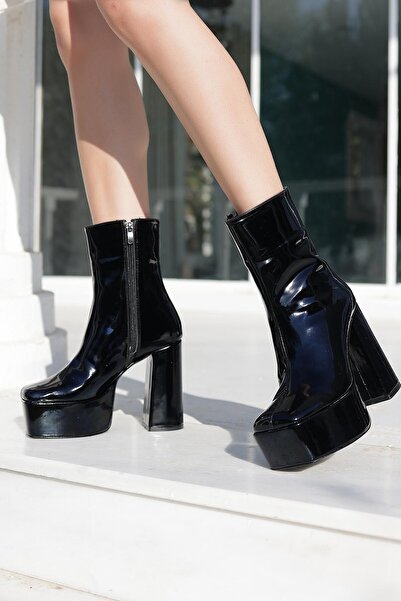 Ayakkabı Ateşi Ψηλές μπότες Getz - Γυναικείο μαύρο λουστρίνι με χοντρό τακούνι