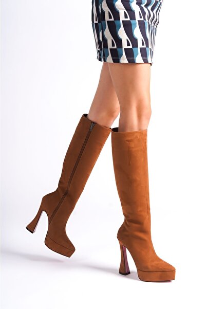 Ayakkabı Ateşi Taba Süet Platform Tasarım Kadın Çizme Yüksek Topuklu Ayakkabı...