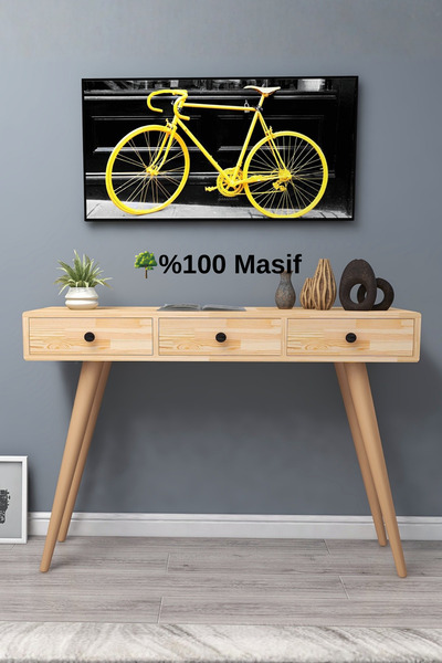 WOODFACE Masif Ahşap Makyaj Masası 110x90 3 Çekmeceli Siyah Doğal Ahşap Dresu...