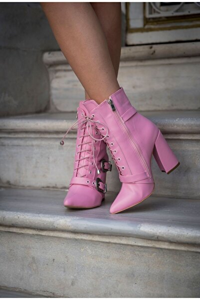Ayakkabı Ateşi Mostaris Pembe Cilt Tokalı Tasarım Kadın Bot