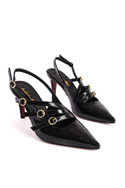 Ayakkabı Ateşi Tocuri scurte din piele lacuita neagra cu trei catarame Stilet...