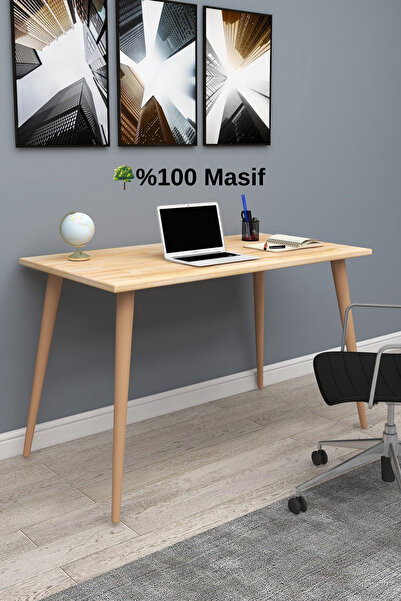 WOODFACE Masif Ahşap Ofis Çalışma Masası 116x55 Doğal Ahşap Ağaç Ayak Çok Ama...