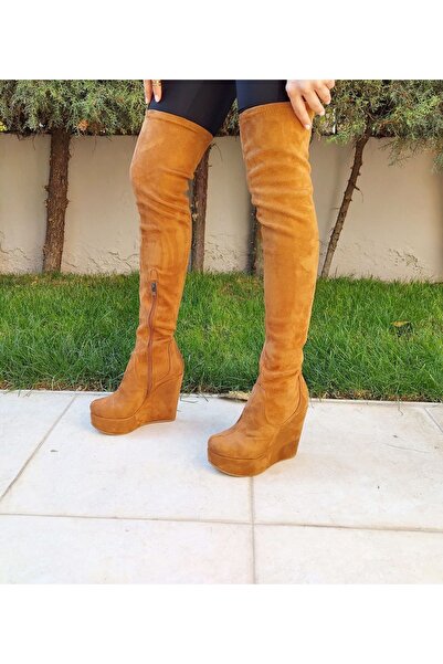 Ayakkabı Ateşi Blood Taba Süet Dolgu Topuklu Diz Üstü Kadın Çizme