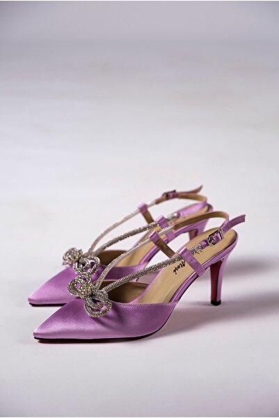 Ayakkabı Ateşi Pantofi cu toc pentru femei din satin liliac cu design special...