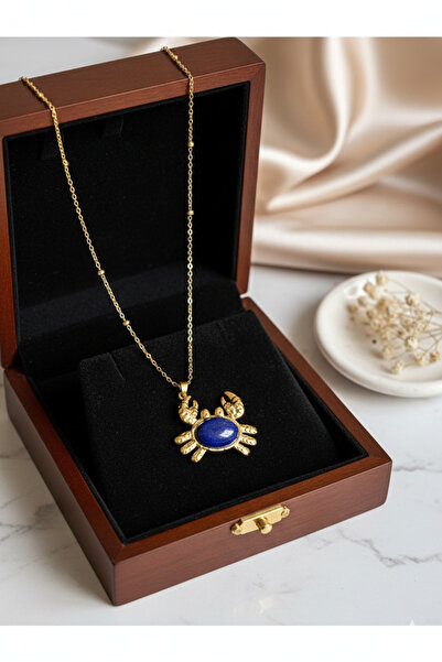 Arsaley Collection Lacivert Taşlı Yengeç Charm Yılan Zincir Çelik Kadın Kolye...