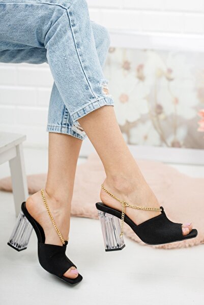 Ayakkabı Ateşi Μαύρη σουέτ αλυσίδα με λεπτομέρειες, διάφανες γυναικείες παντό...