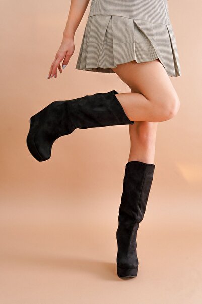 Ayakkabı Ateşi Cizme de damă Elin din piele intoarsa neagra cu toc pane