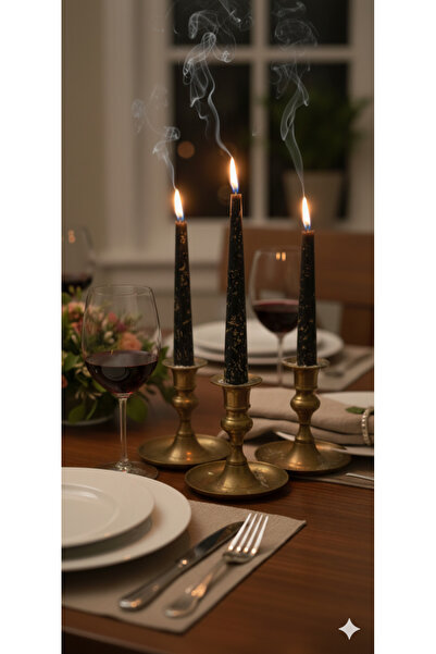 Gizemli Home 3 Lü Şamdan Mum Siyah Altın Yaldız